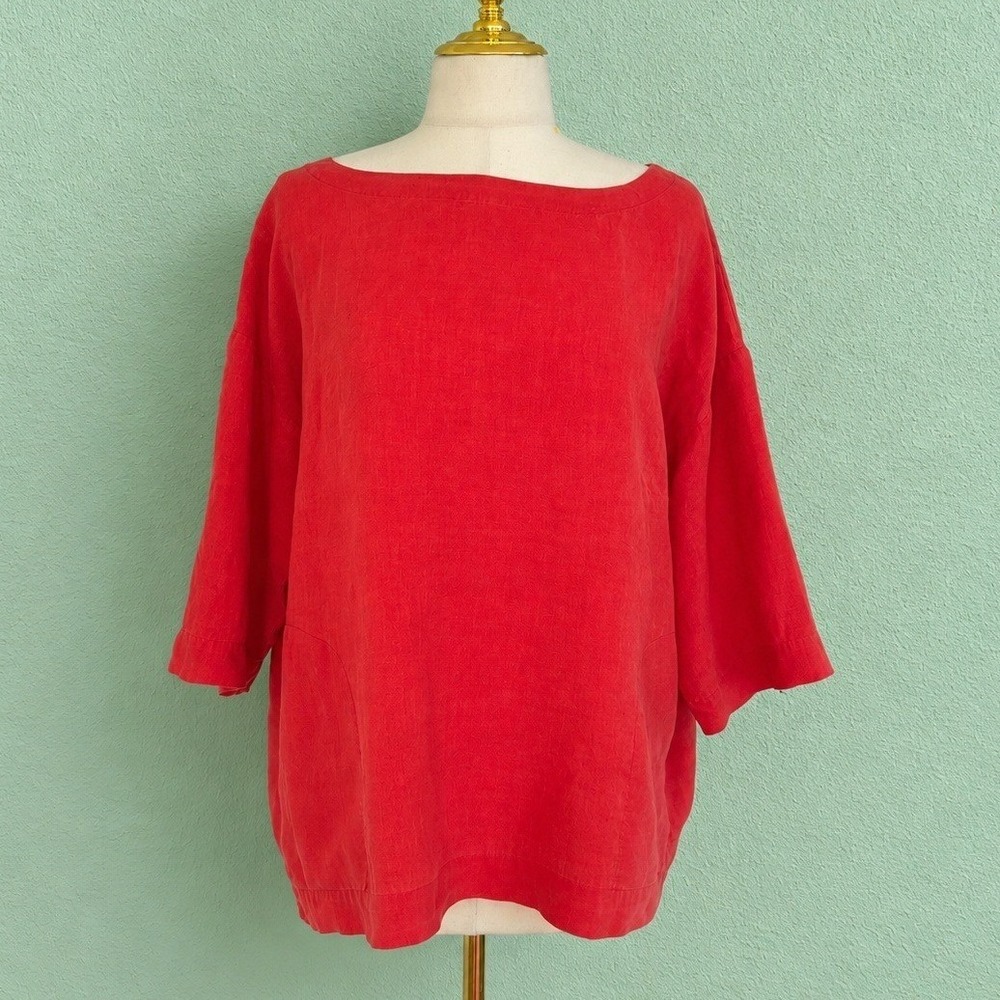 Eileen Fisher Top Womens Medium Red 100% Irish Linen Boat Neck Elbow Sleeve